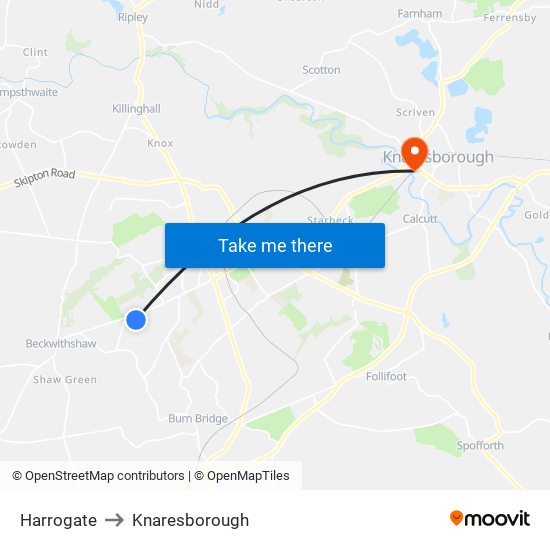 Harrogate to Knaresborough map