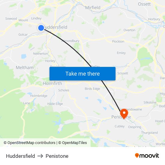 Huddersfield to Penistone map