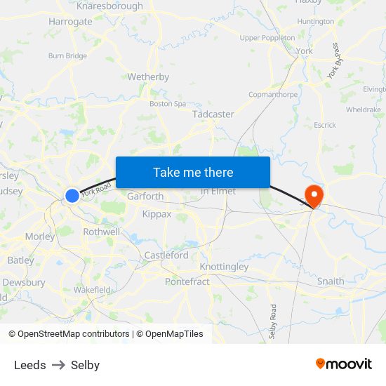 Leeds to Selby map