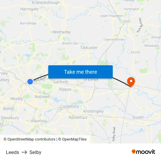 Leeds to Selby map