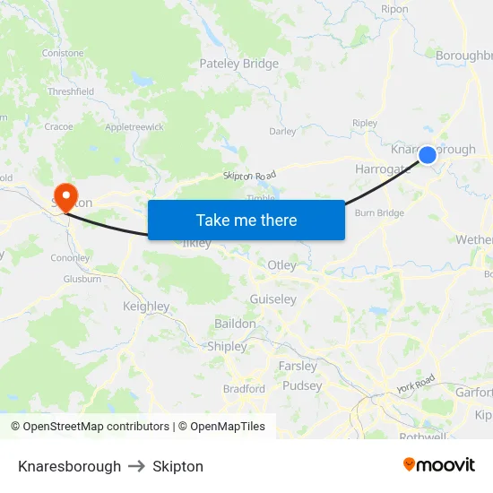 Knaresborough to Skipton map