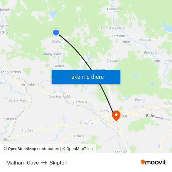Malham Cove to Skipton map