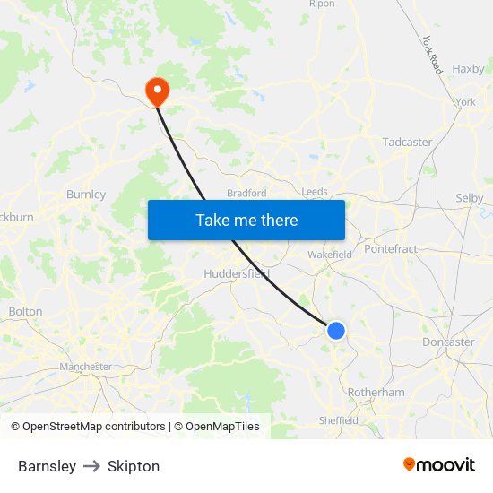 Barnsley to Skipton map