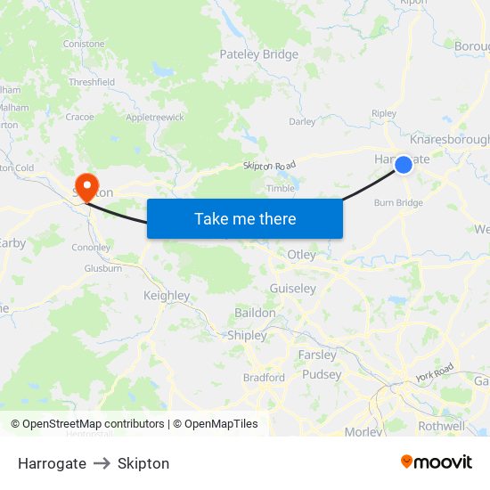 Harrogate to Skipton map