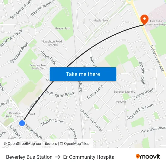 Beverley Bus Station to Er Community Hospital map