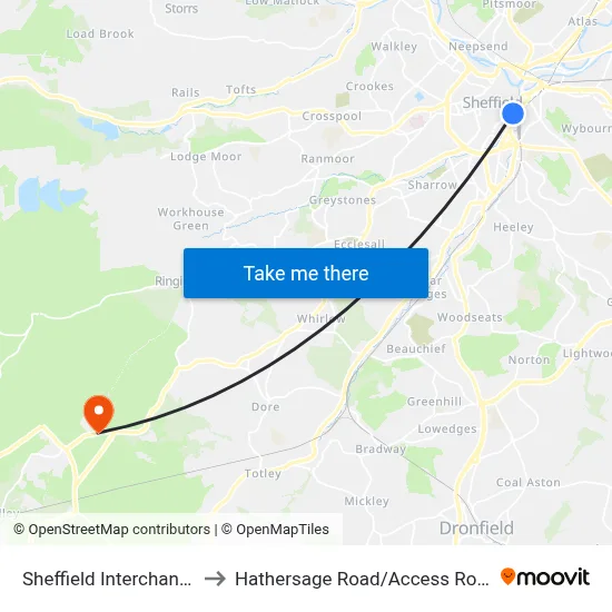 Sheffield Interchange to Hathersage Road/Access Road map