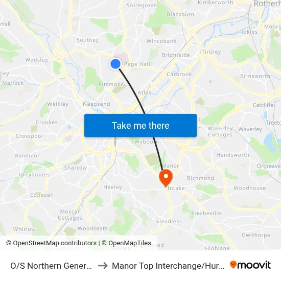 O/S Northern General Hospital to Manor Top Interchange / Hurlfield Road E2 map