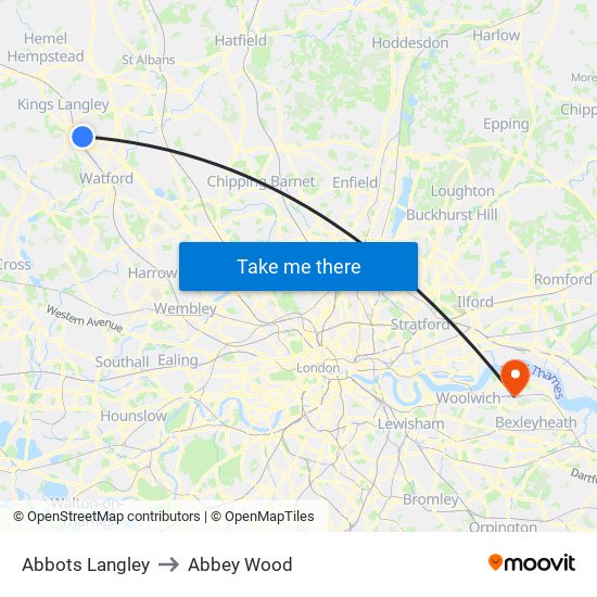 Abbots Langley to Abbey Wood map