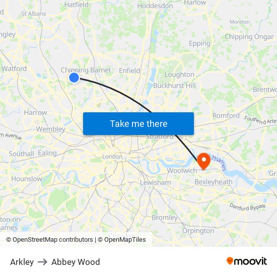 Arkley to Abbey Wood map