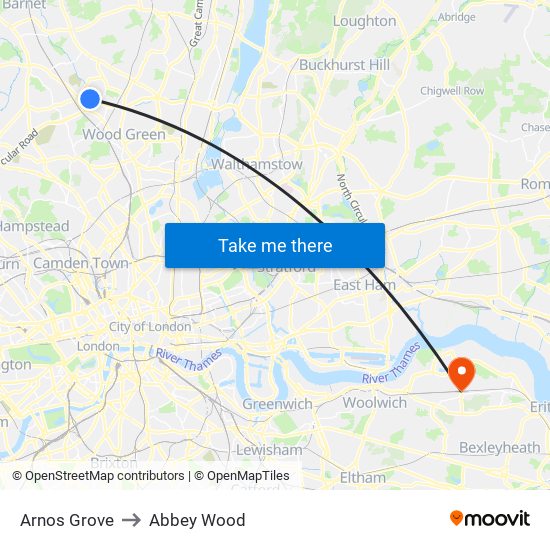 Arnos Grove to Abbey Wood map