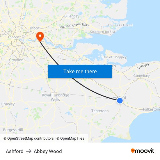 Ashford to Abbey Wood map