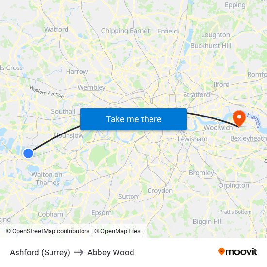 Ashford (Surrey) to Abbey Wood map