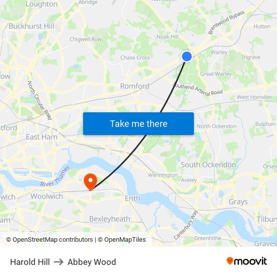 Harold Hill to Abbey Wood map
