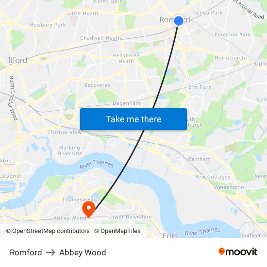 Romford to Abbey Wood map