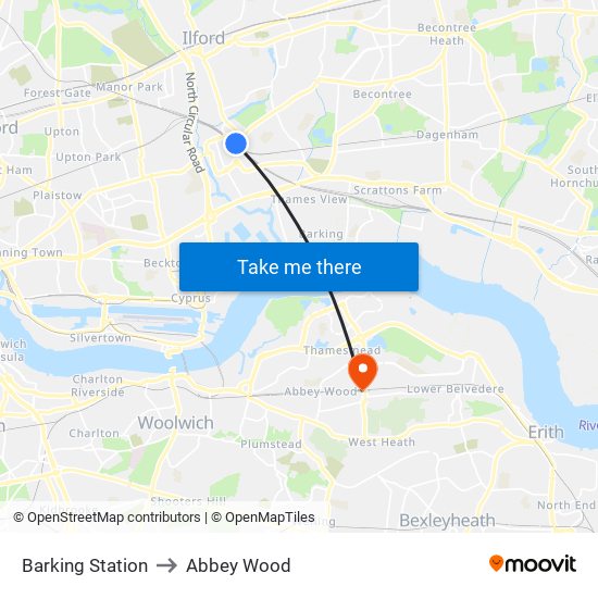 Barking Station to Abbey Wood map