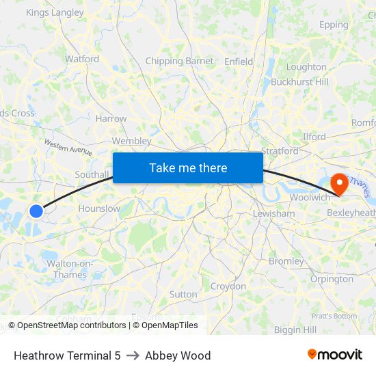 Heathrow Terminal 5 to Abbey Wood map