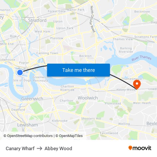 Canary Wharf to Abbey Wood map