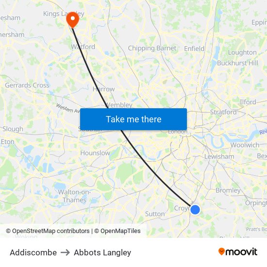 Addiscombe to Abbots Langley map