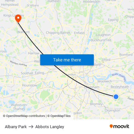 Albany Park to Abbots Langley map