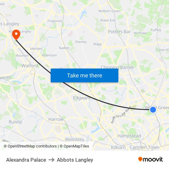 Alexandra Palace to Abbots Langley map