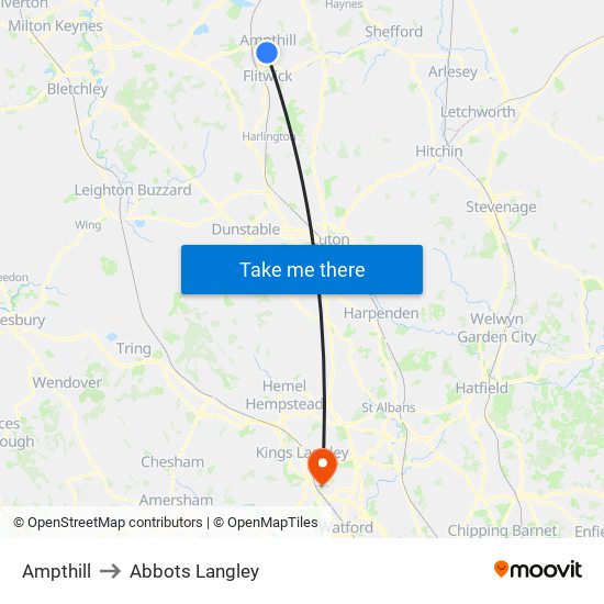 Ampthill to Abbots Langley map