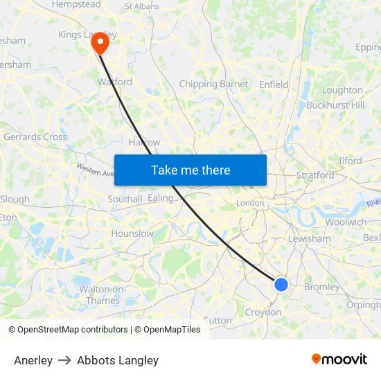 Anerley to Abbots Langley map