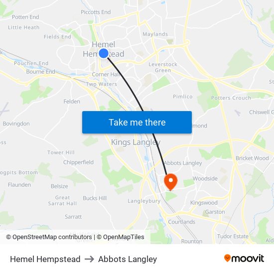 Hemel Hempstead to Abbots Langley map