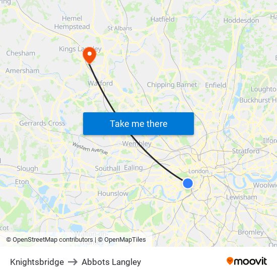 Knightsbridge to Abbots Langley map
