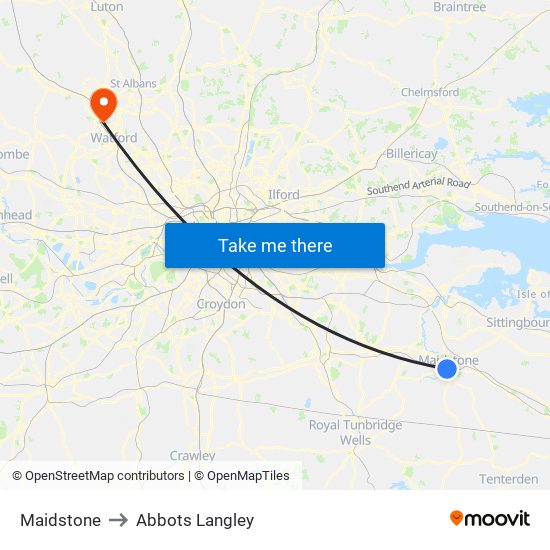 Maidstone to Abbots Langley map