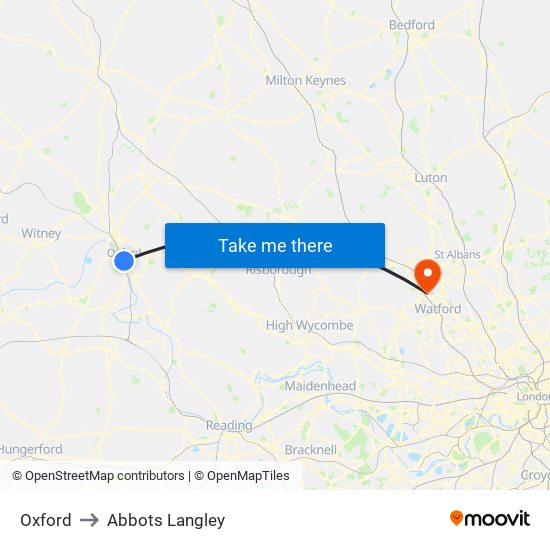 Oxford to Abbots Langley map