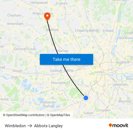 Wimbledon to Abbots Langley map