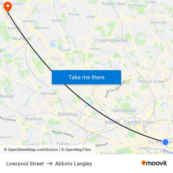 Liverpool Street to Abbots Langley map