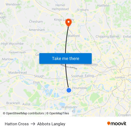 Hatton Cross to Abbots Langley map