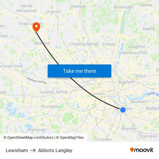 Lewisham to Abbots Langley map