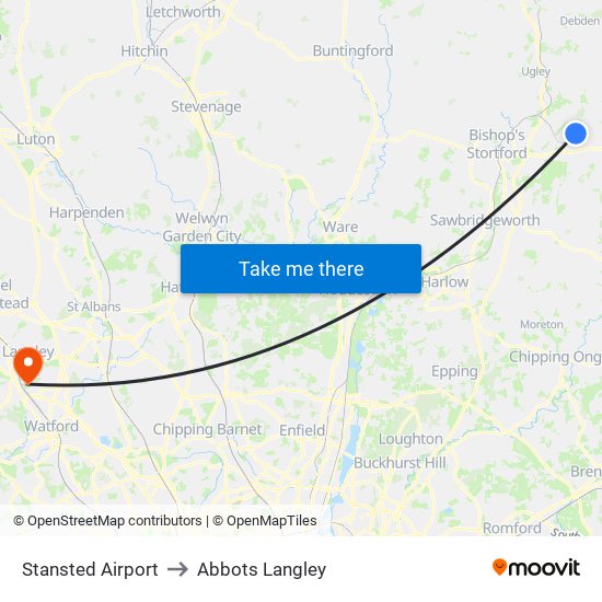 Stansted Airport to Abbots Langley map