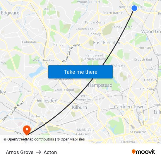 Arnos Grove to Acton map