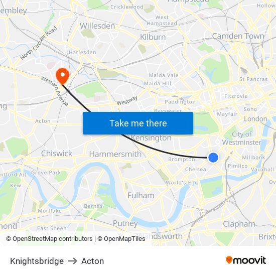 Knightsbridge to Acton map