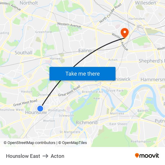 Hounslow East to Acton map