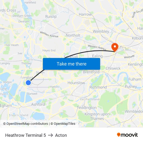 Heathrow Terminal 5 to Acton map