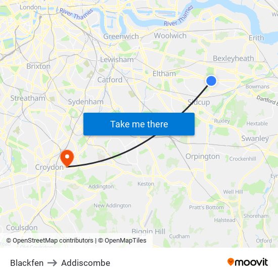 Blackfen to Addiscombe map