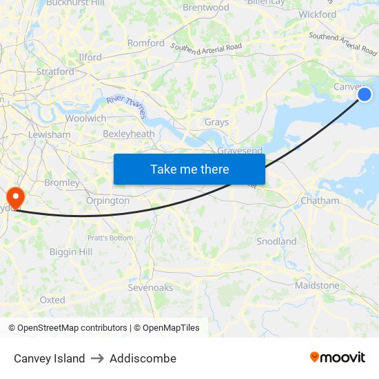 Canvey Island to Addiscombe map