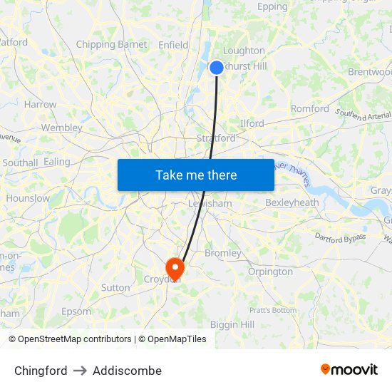 Chingford to Addiscombe map