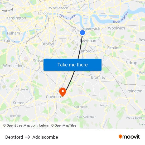 Deptford to Addiscombe map