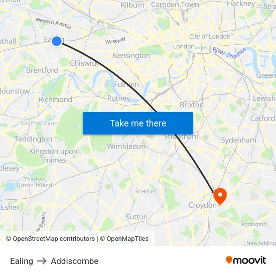 Ealing to Addiscombe map