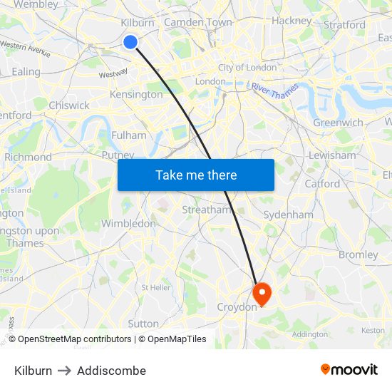 Kilburn to Addiscombe map