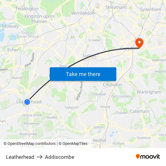 Leatherhead to Addiscombe map