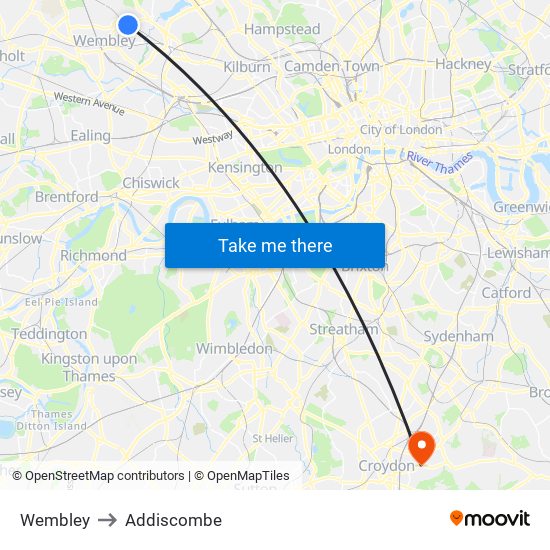 Wembley to Addiscombe map