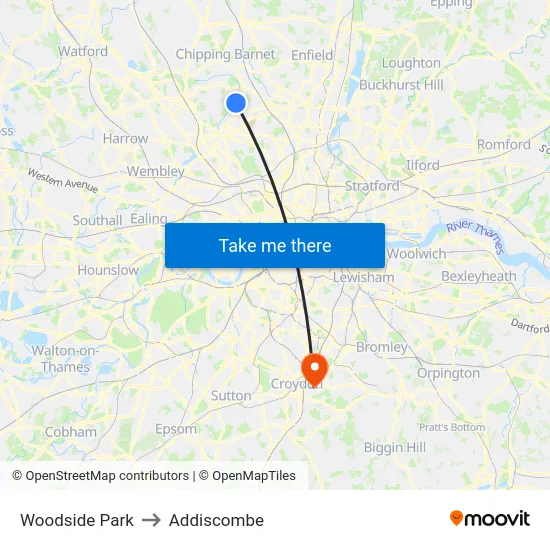 Woodside Park to Addiscombe map