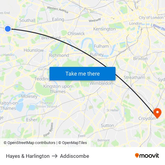 Hayes & Harlington to Addiscombe map