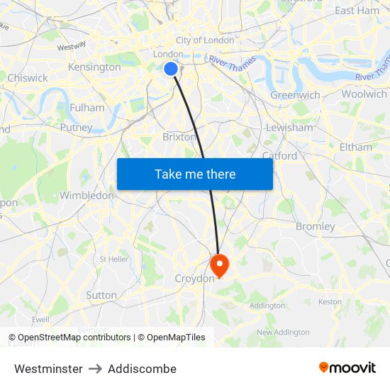 Westminster to Addiscombe map